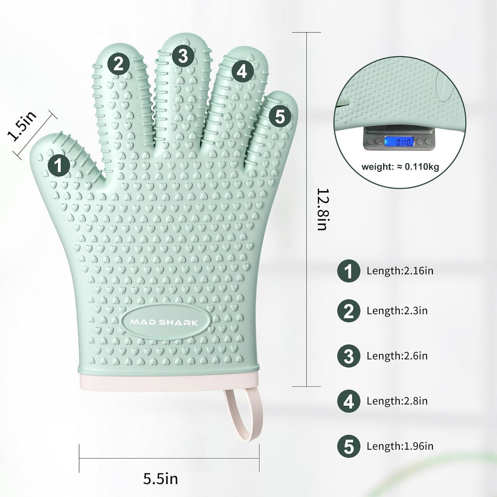 MAD SHARK Silicone Oven Mitts - Heat Resistant 450°F, Waterproof & Non-Slip Kitchen Gloves | Green