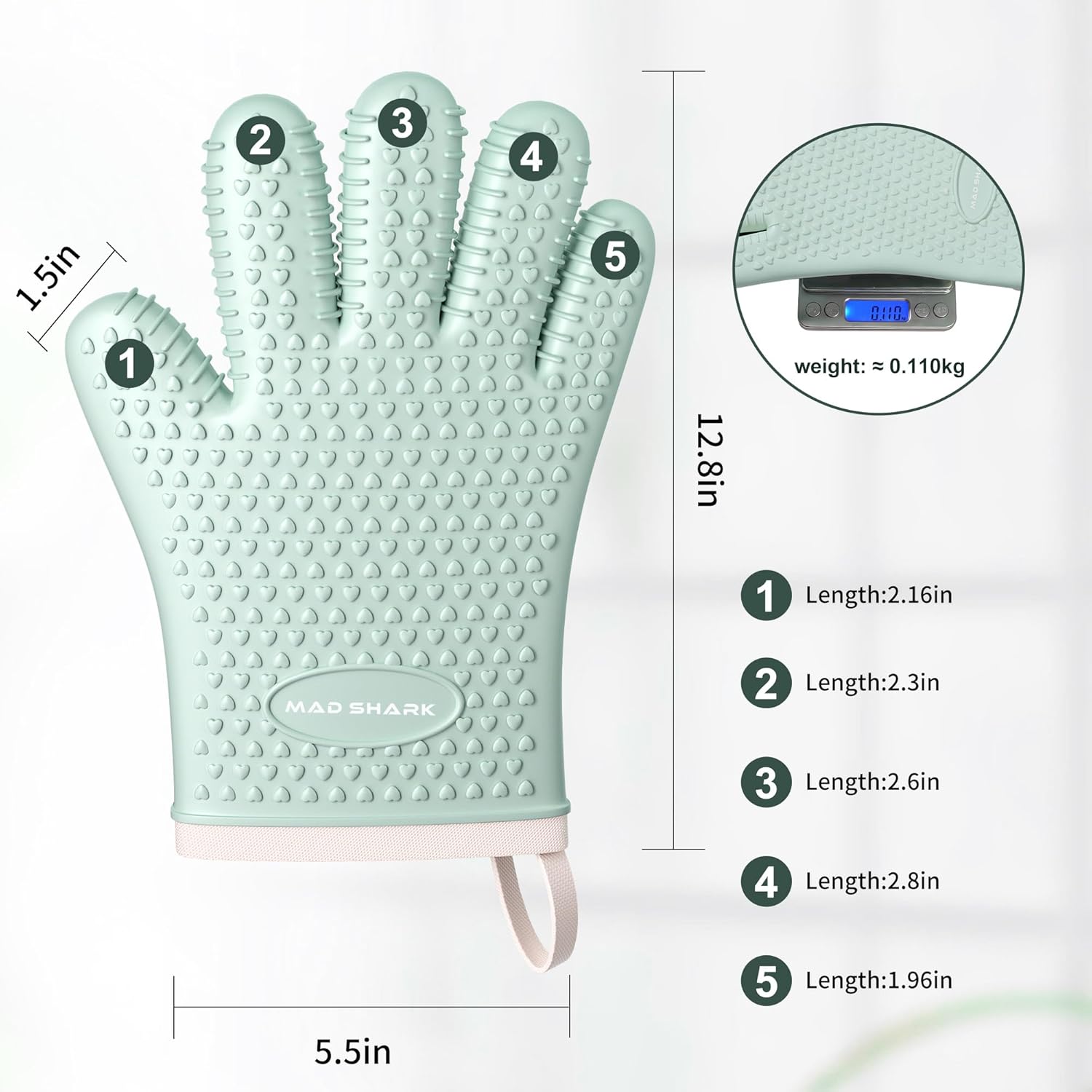 MAD SHARK Silicone Oven Mitts - Heat Resistant 450°F, Waterproof & Non-Slip Kitchen Gloves | Green