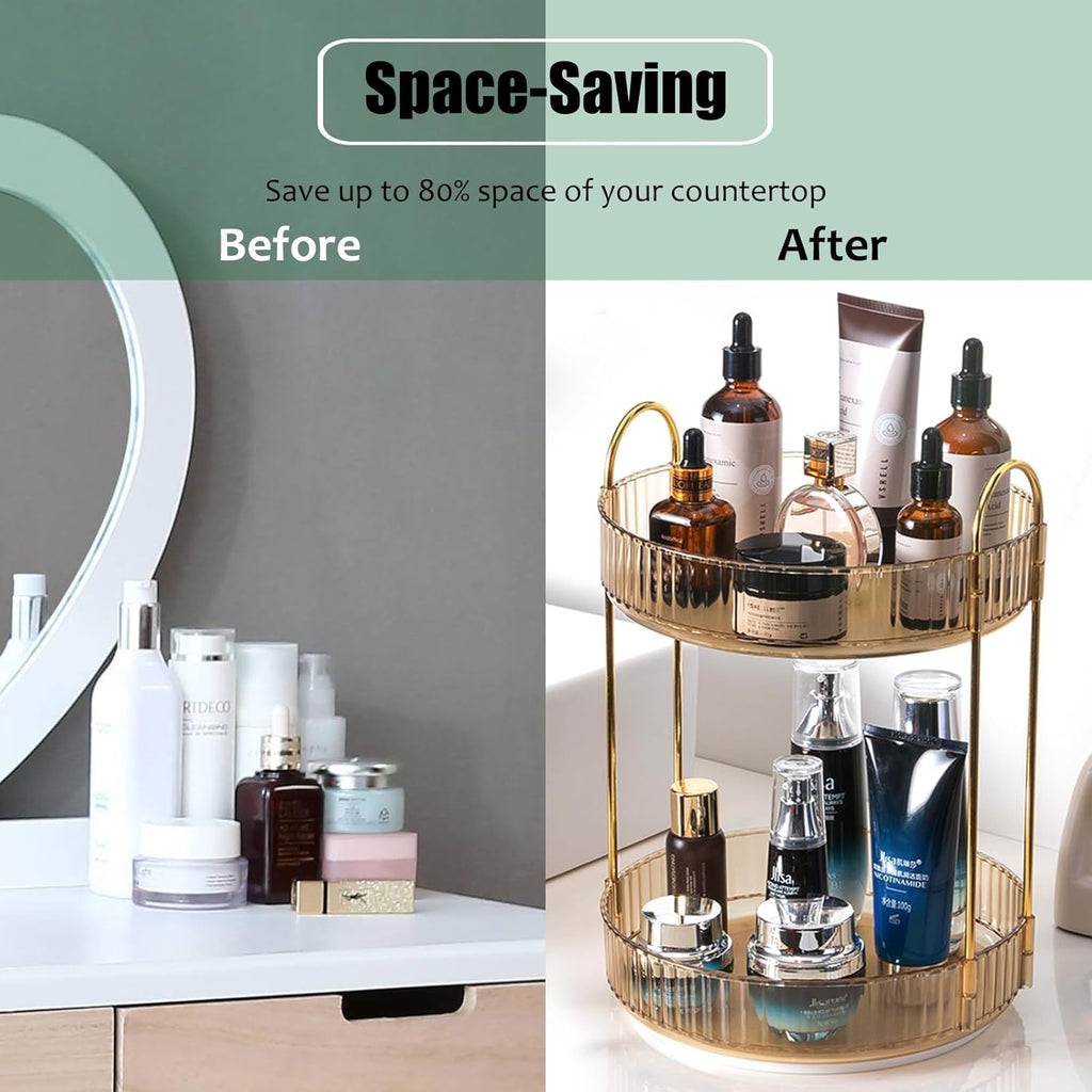 Skiennix Rotating Makeup Organizer - 2-Tier Clear Lazy Susan for Skincare & Perfume Storage | Amber Gold
