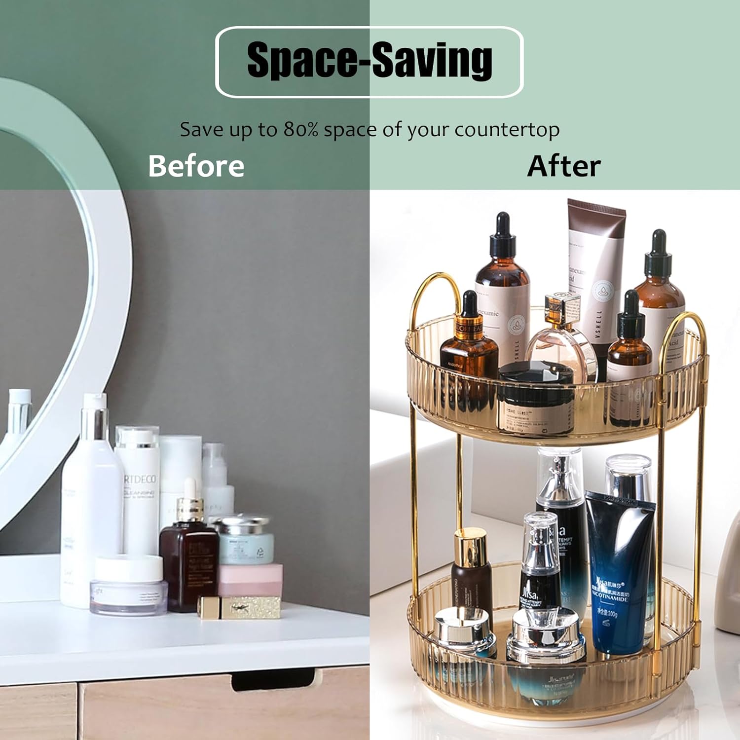 Skiennix Rotating Makeup Organizer - 2-Tier Clear Lazy Susan for Skincare & Perfume Storage | Amber Gold