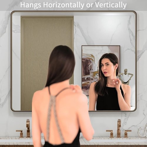 LOAAO Bronze Bathroom Mirror - 40”X36” Rounded Rectangle with Anti-Rust Brushed Metal Frame | Versatile Hanging Options