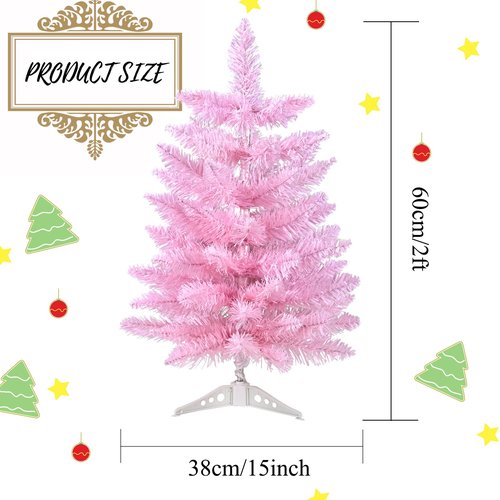 Gloreyan 2FT Artificial Christmas Tree Pink Tabletop Christmas Tree with Plastic Stand Mini Xmas Pine Tree for Party Supplies Indoor Outdoor Holiday Home Decoration (Pink)