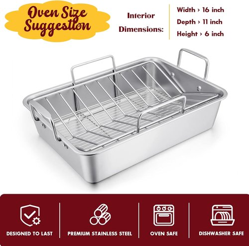 E-far Stainless Steel Roasting Pan - 14 x 10.6 Inch Turkey Roaster with V Rack & Baking Rack | Dishwasher Safe