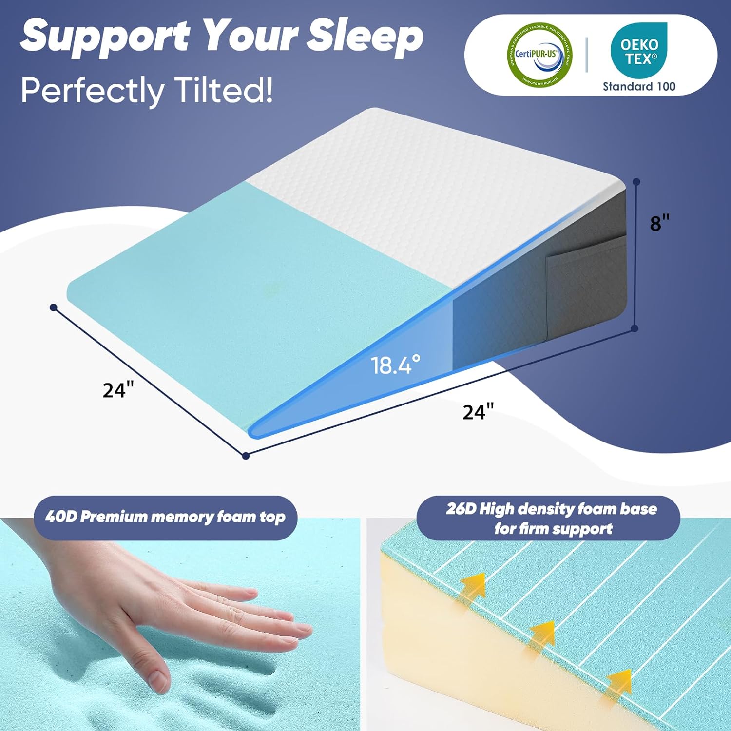 Skiennix Bed Wedge Pillow - 8 Inch Incline for Back Support & Leg Elevation | Cooling Memory Foam