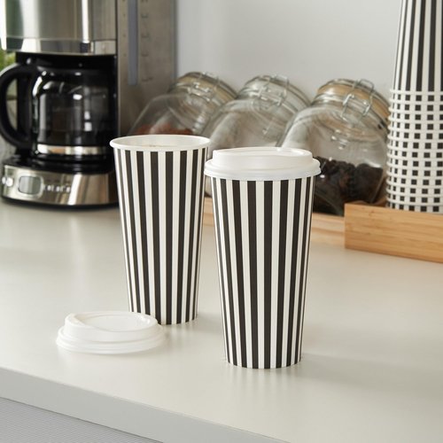 20 Ounce Disposable Coffee Cups With Lids, 400 Hot Cups With Lids - Sleeves Sold Separately, Single Wall, Black And White Stripe Paper Coffee Cups, For All Kinds Of Beverages - Restaurantware