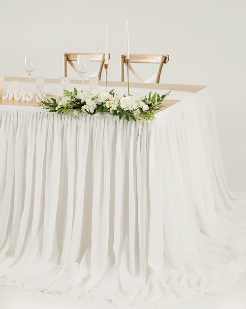 Mohoeey 14ft Extra Long White Chiffon Table Skirt with Pooling Tulle Tablecloth for Wedding, Birthday, and Cake Table Decorations