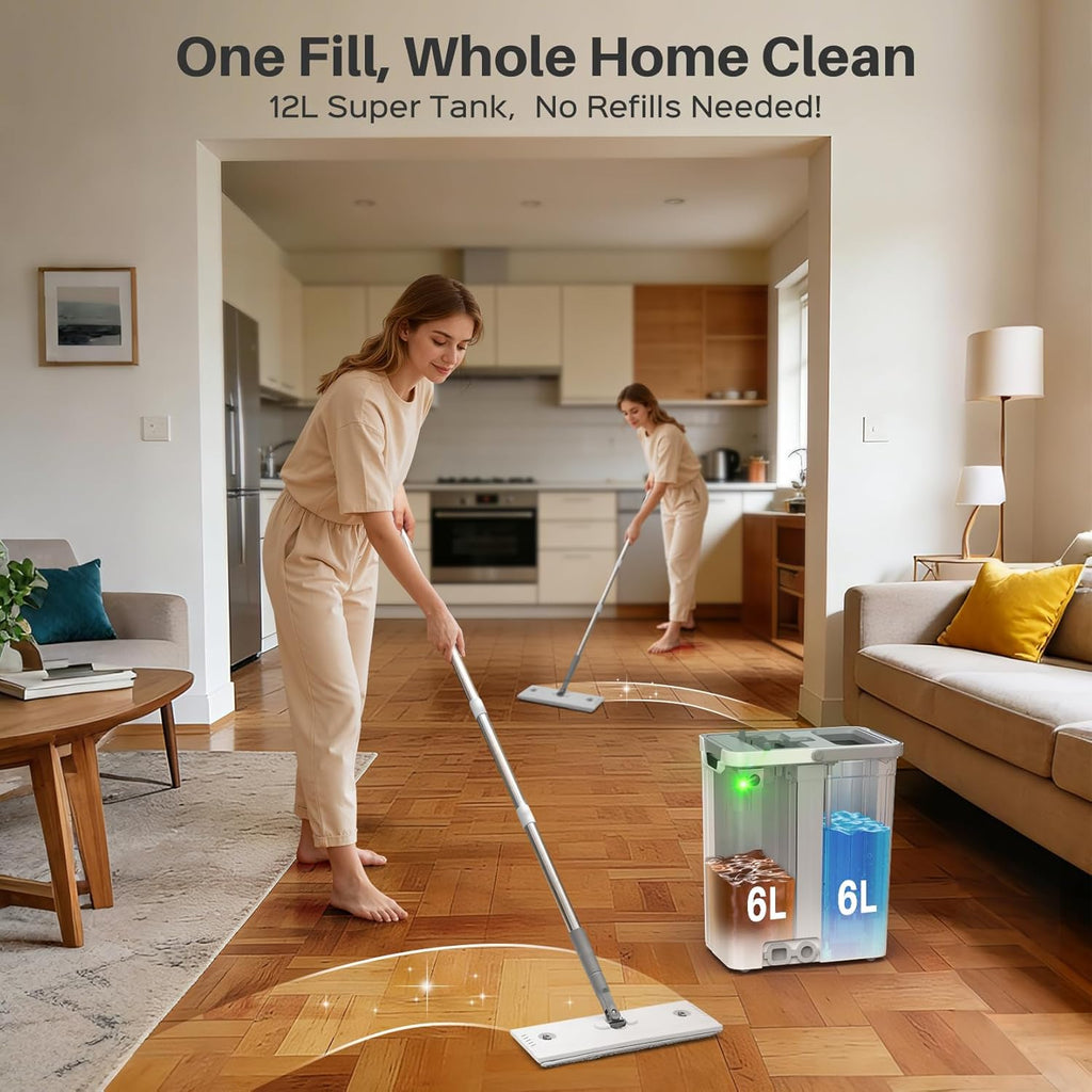 Skiennix Mop and Bucket Set - Auto Pump with 3-Zone Water Separation | Flat Mop System with Wheels & 4 Reusable Pads