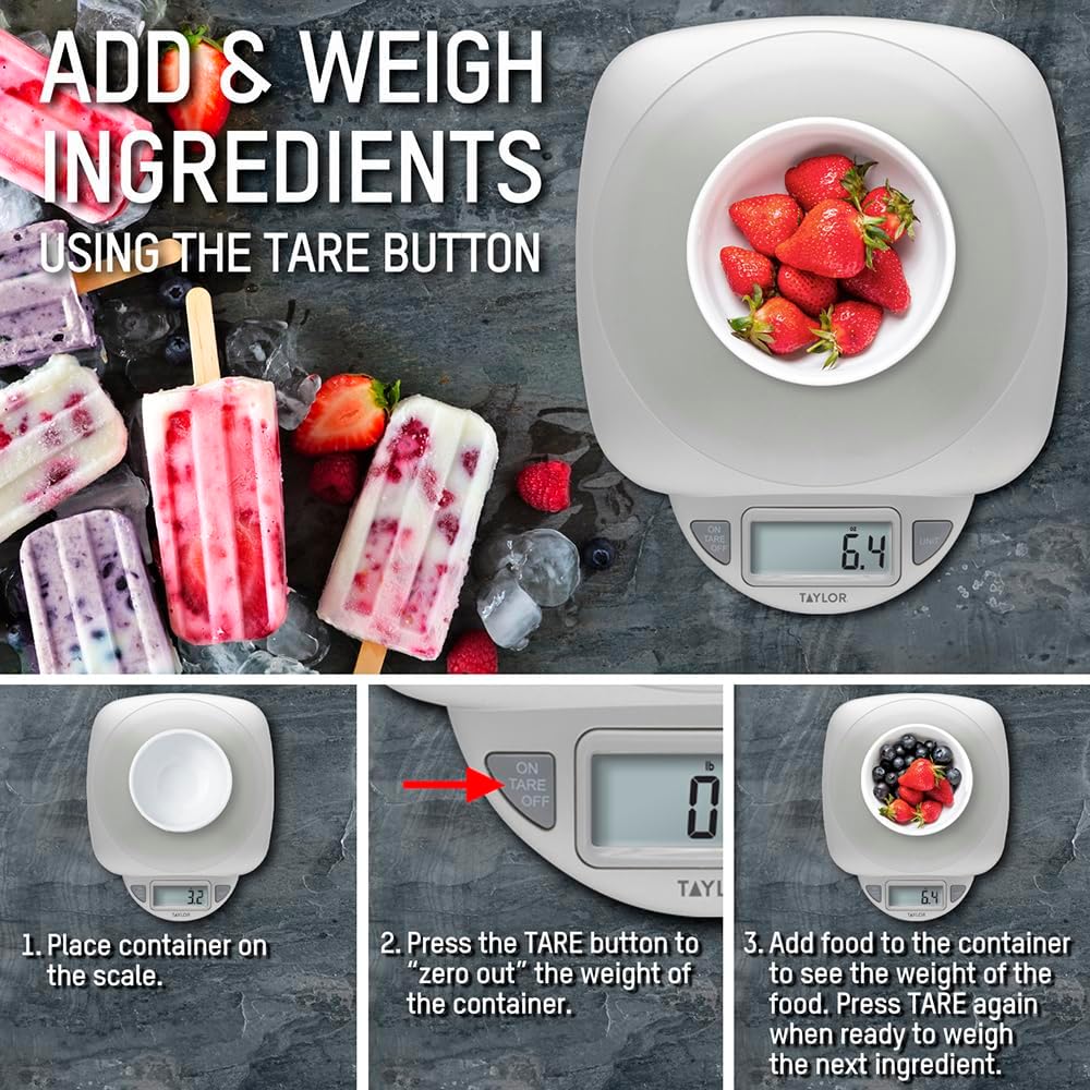 Taylor Digital Glass Top Kitchen Scale - 11LB Capacity with LCD Display for Baking & Cooking | Silver