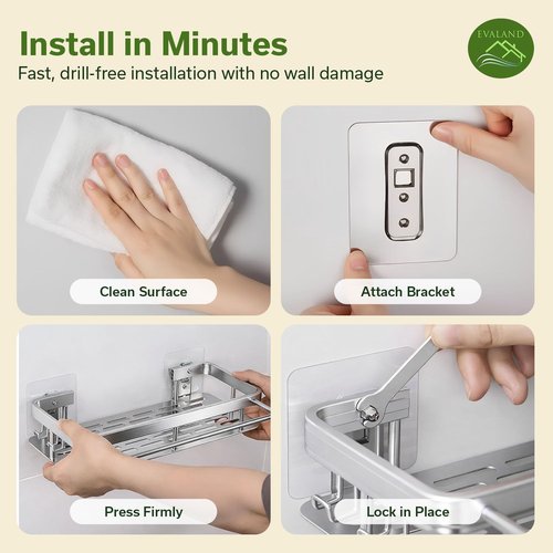 EVALAND Shower Caddy - Adhesive 2-Pack with Hooks & Rod | Premium Rustproof Bathroom Organizer, Silver