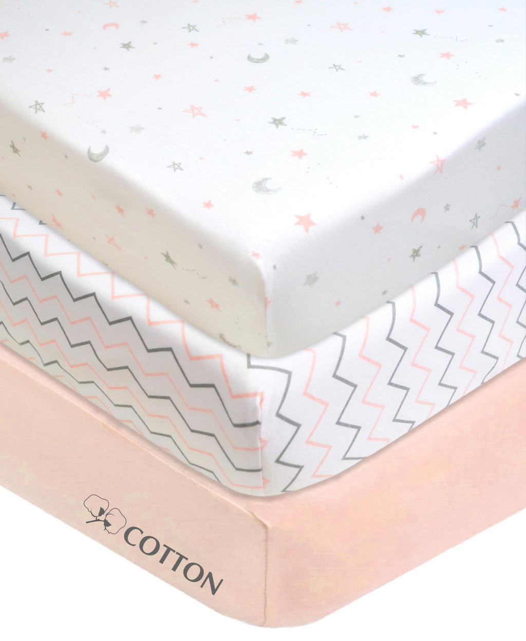 American Baby Company 3 Pack 100% Natural Cotton Fitted Pack and Play Sheets 39" x 27" - Soft & Breathable Pack N Play Sheets for Playard & Mini Crib Mattress, Pink Star/Zigzag, for Boys & Girls