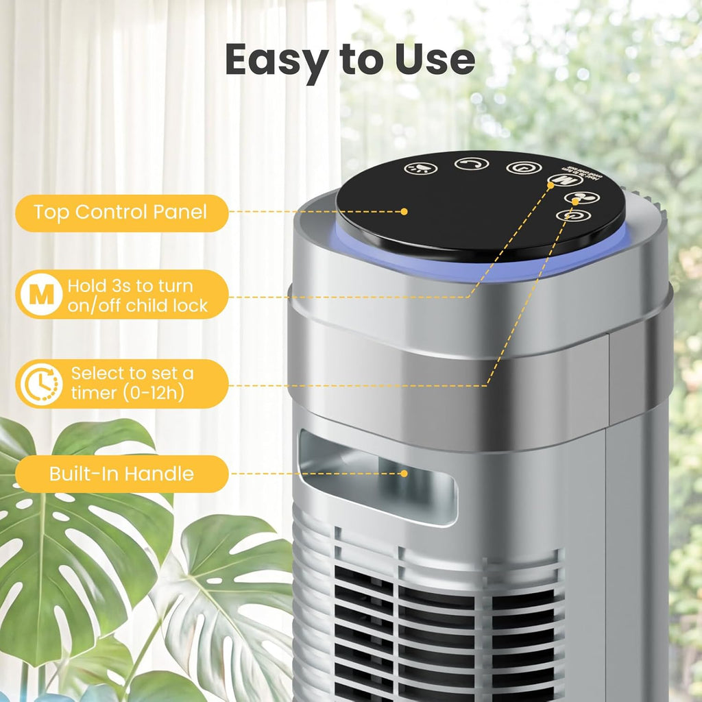NEWBULIG Bladeless Tower Fan - Oscillating Design with Remote, 5 Speeds, 28dB Quiet Operation, Silver