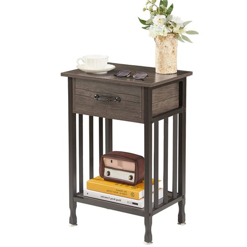 VECELO Nightstands, Industrial Side/End Tables with Drawer and Storage Shelf, Night Stands for Bedroom, Living Room, Wood Metal Furniture, Easy Assembly, 1 Pack, Grey