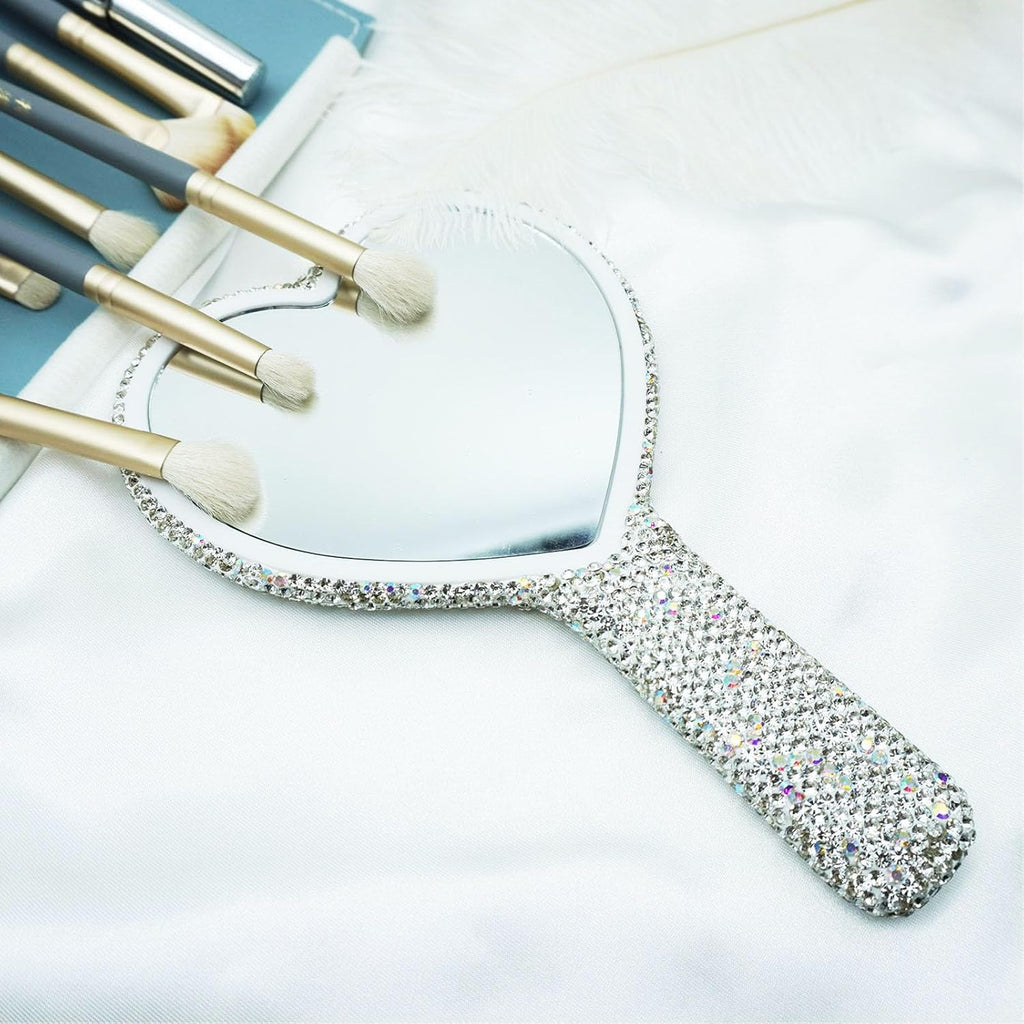 Skiennix Large Rhinestone Handheld Mirror - Dazzling Glitter Design for Weddings | Silver & White