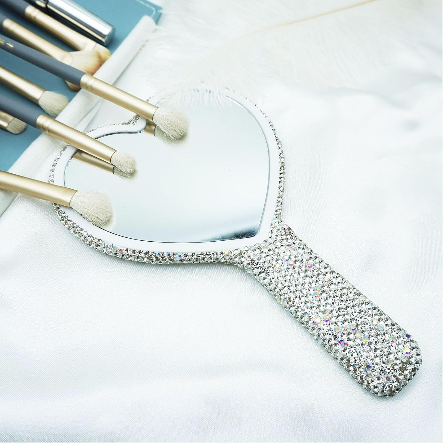Skiennix Large Rhinestone Handheld Mirror - Dazzling Glitter Design for Weddings | Silver & White