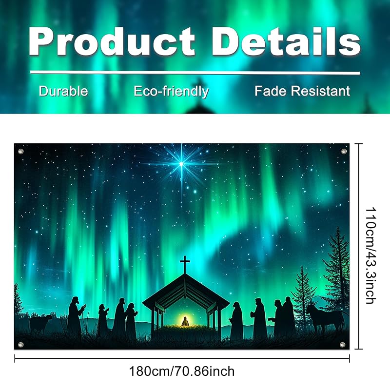 Nativity Banner 71x43 in with Bethlehem Star – Christmas Backdrop, Aurora Silhouette (Variation: Nativity Aurora Silhouette)