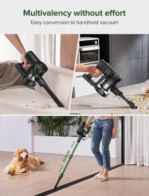 Vexilar Cordless Vacuum Cleaner, 550W/45Kpa/60Mins, Cordless Stick Vacuum Cleaner with Self-Standing and Touch Screen, 6-in-1 Lightweight, Rechargeable Vacuum for Pet Hair Carpet Hardwood (Green)