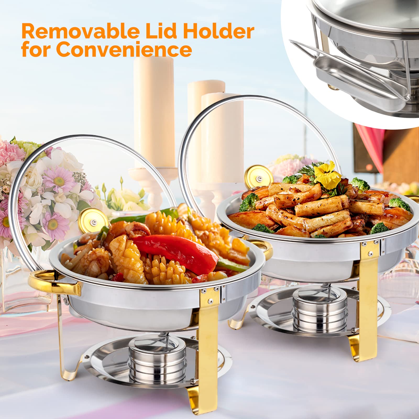 ROVSUN 5QT 2 Packs Chafing Dish Buffet Set Gold Accent, NSF Round Stainless Steel Buffet Warmer Chafers and Buffet Warmers Sets with Glass Lid & Lid Holder for Catering Events Parties Weddings Dinners