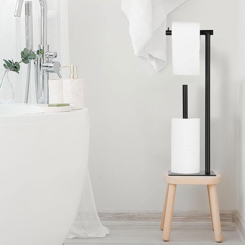 Black Toilet Paper Holder Stand - Free Standing Tissue Roll Dispenser for Farmhouse Bathroom