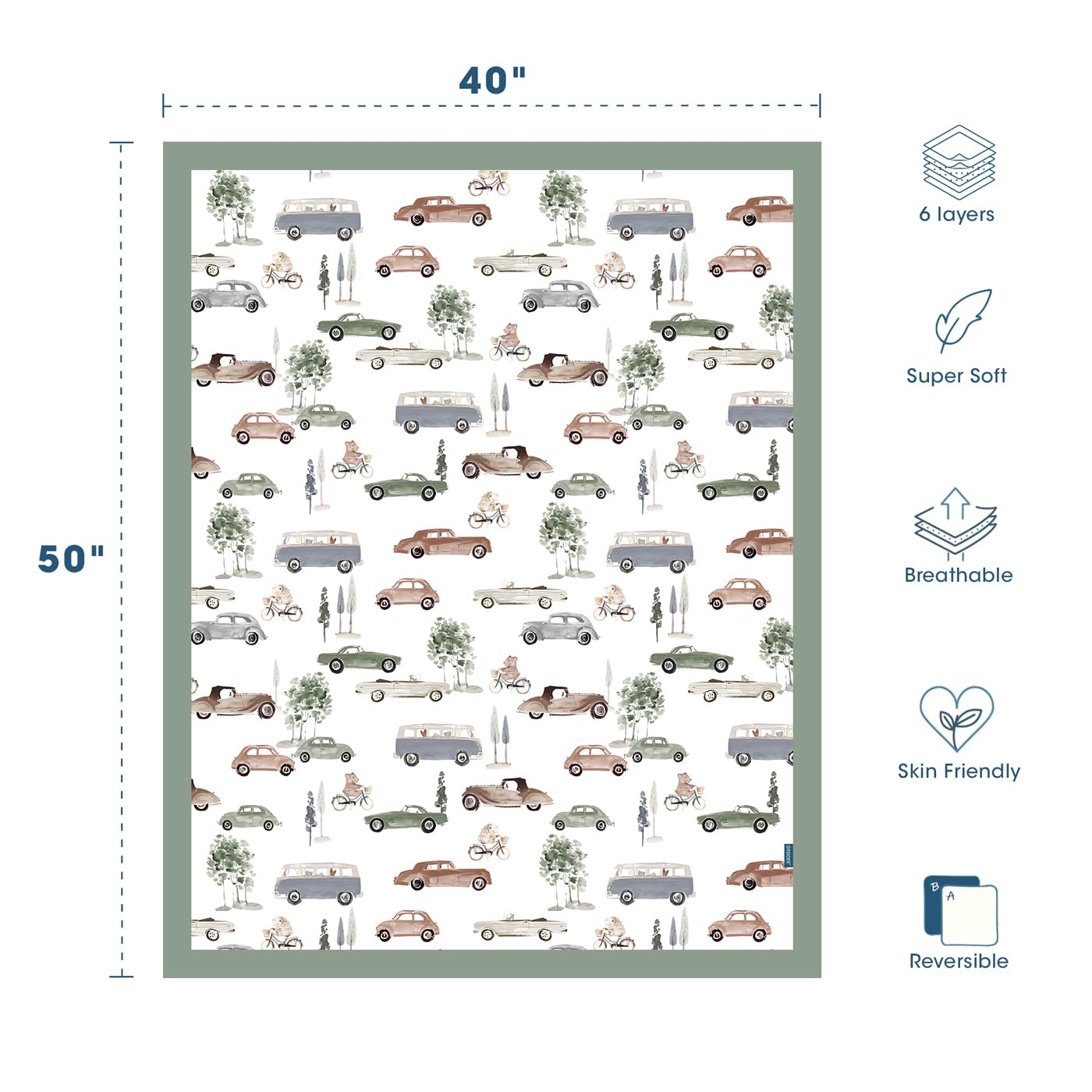 GRSSDER Cotton Muslin Quilt Blanket - Silky Soft and Breathable Baby Blanket Quilt, Oversized Muslin Blankets for Newborns, Toddlers & Kids, 6 Layers Reversible Design for All Seasons, 40" x 50"