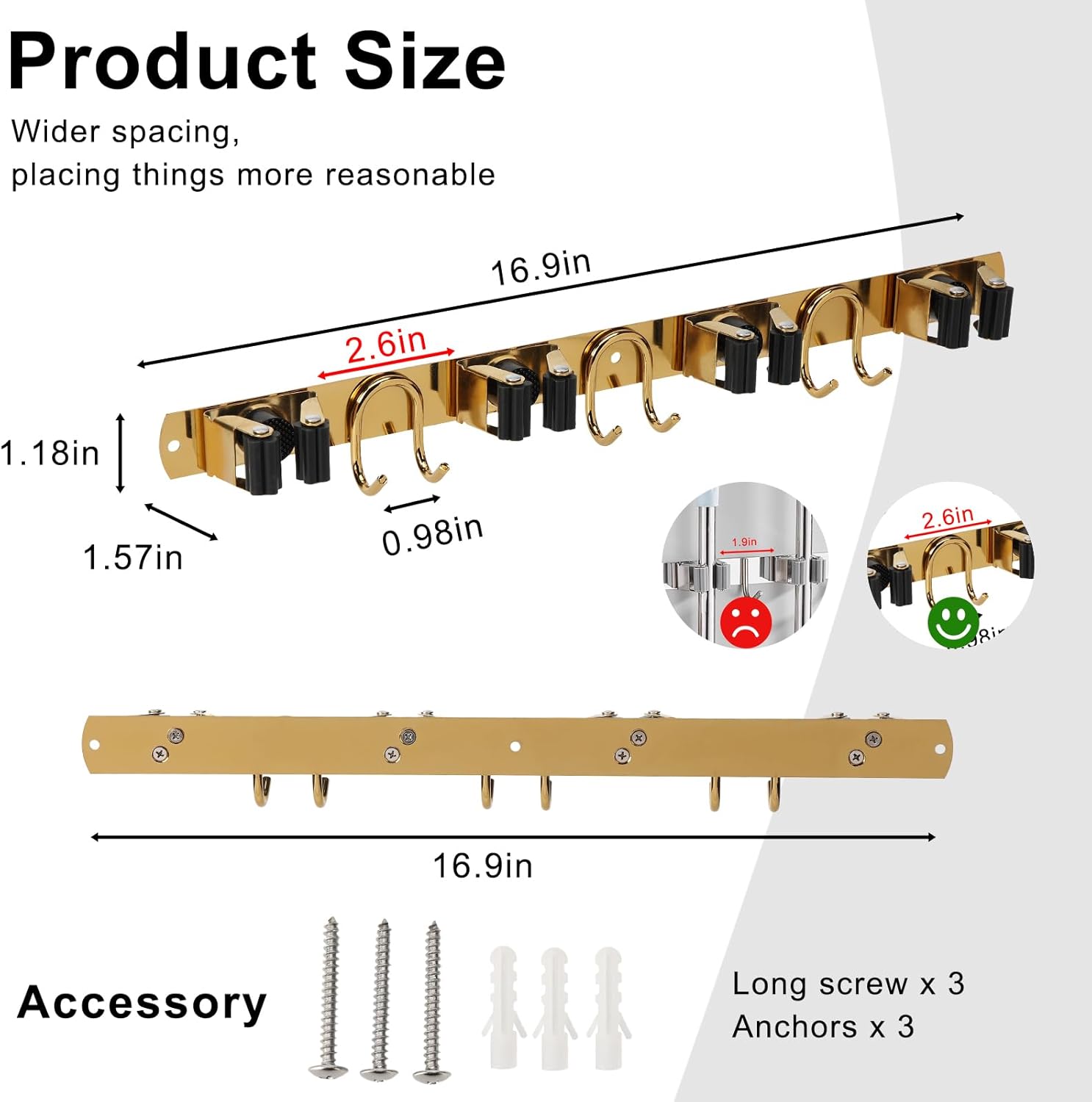 Skiennix Mop Broom Holder - Gold Stainless Steel Wall Mount Organizer with 4 Slots & 6 Hooks for Home Use
