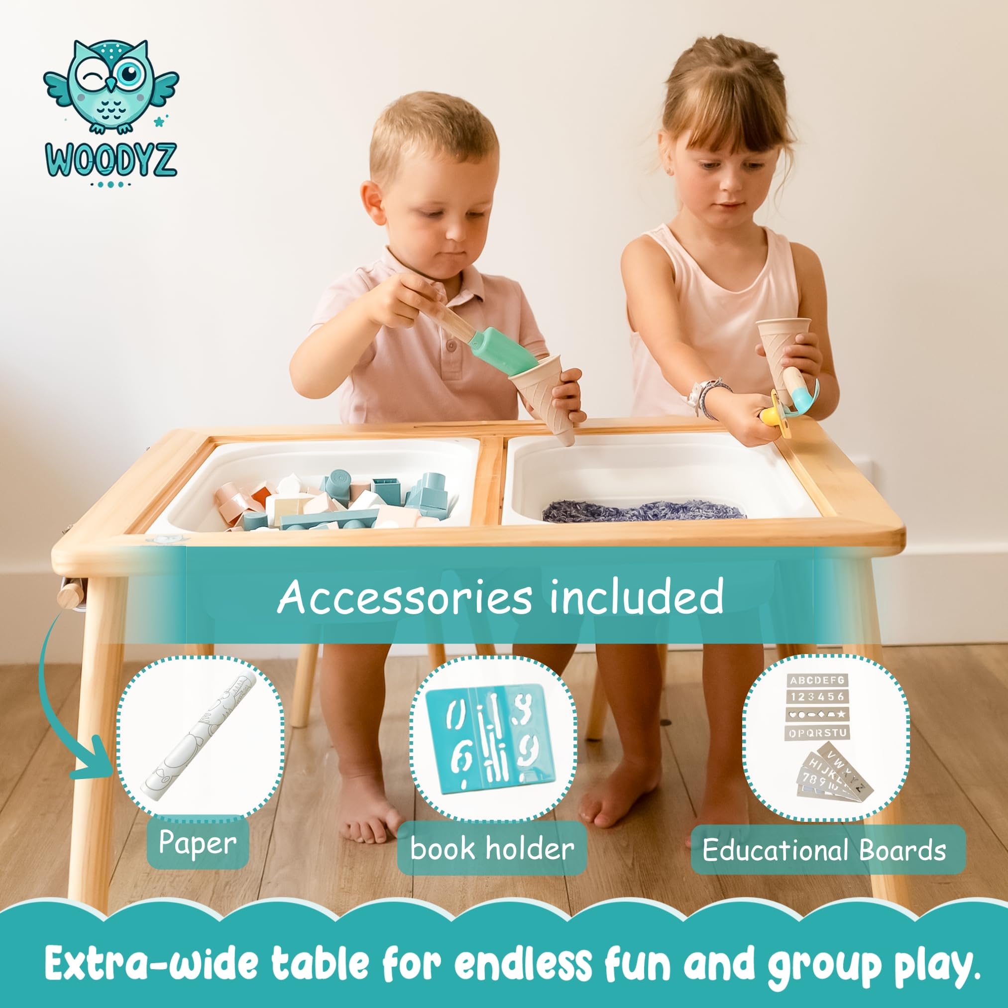 Woodyz - Evolving Sensory Table For Toddlers with Chairs & Foldable Bins - Indoor Kids Arts And Crafts Table - Play a Montessori Activity with Sand - Book/Tablet Holder- (Paper & Accessories included)