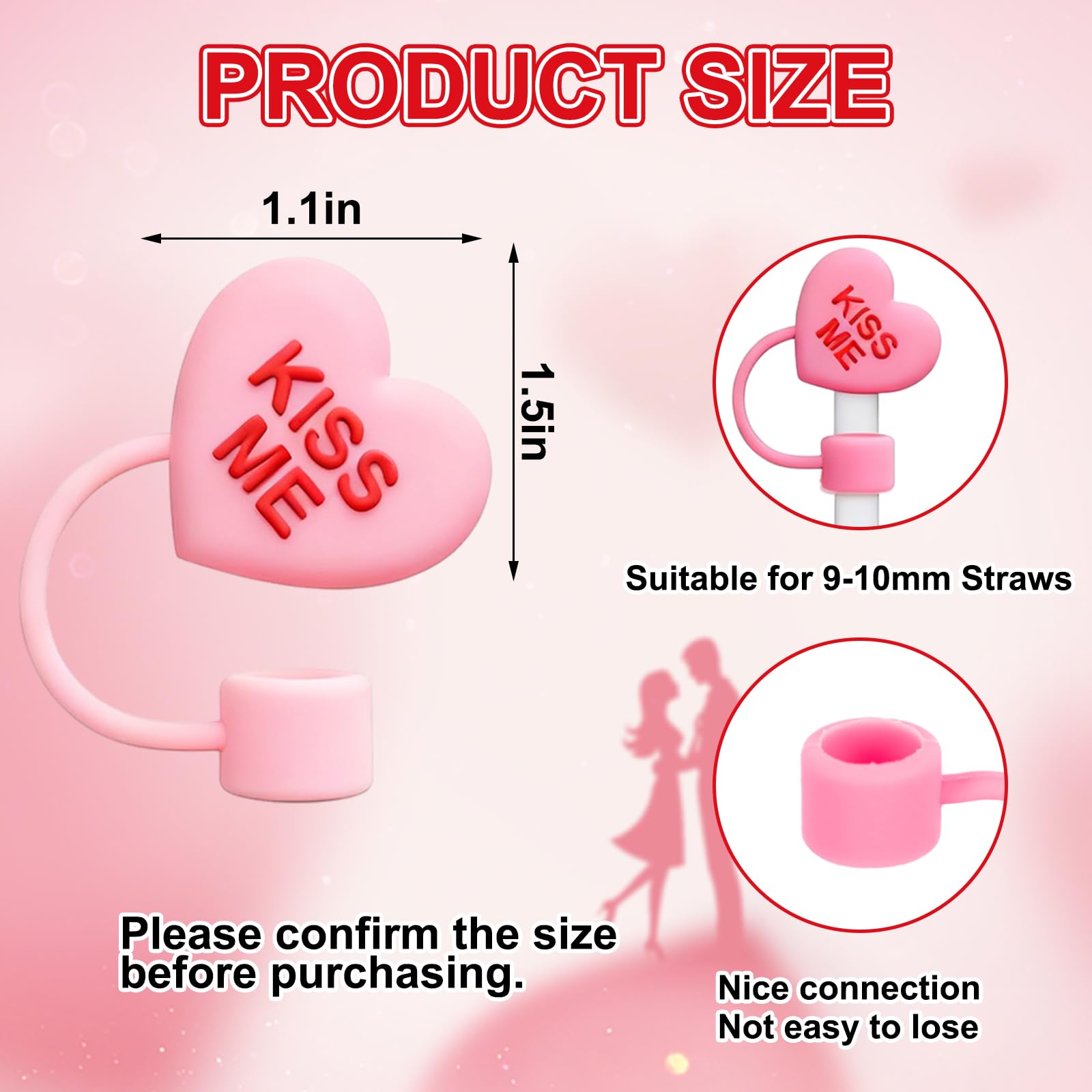 Whaline 6 Pcs Valentine's Day Conversation Heart Straw Cover Cap Reusable Silicone Straws Topper Pastel 10 Mm/0.4 Inch Straw Tip Lid Protector for 30/40 Oz Tumbler Cup Accessory Party Decor