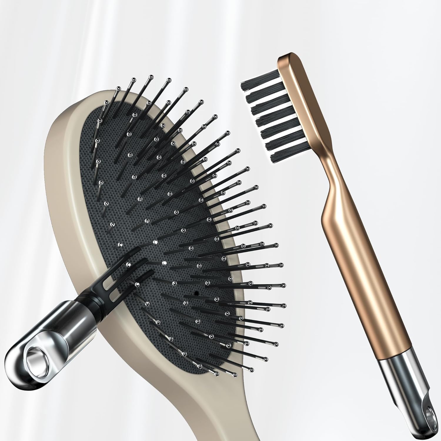 Skiennix 2-in-1 Hair Brush Cleaner - Nylon Bristles & 3-Pronged Rake for Easy Tangled Hair Removal - Compact Gold Design