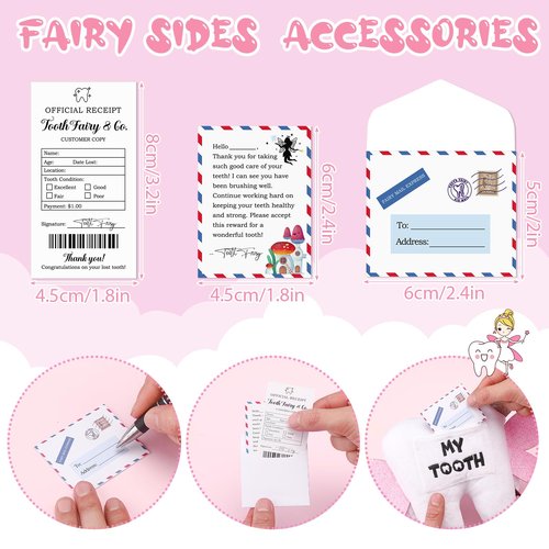 Threehoney Tooth Fairy Pillow Kit Includes Toothfairy Pillow with Pocket Fairy Glitter Receipt Envelope Card, Toothfairy Plush Keepsake Gift for Kids Boys Girls Souvenir (Cute Style)
