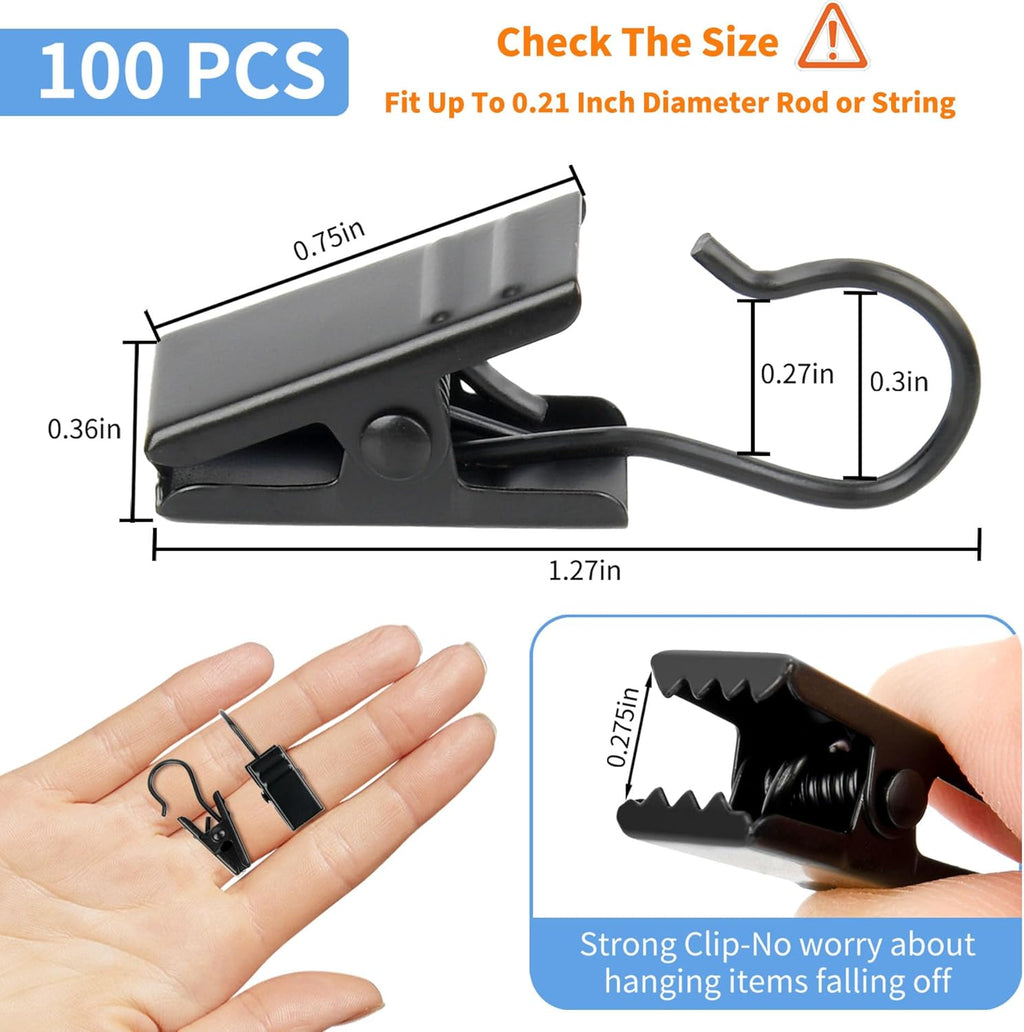 Skiennix Curtain Clips Hooks - 100 Pack Stainless Steel Drapery Clips for String Lights & Decorations | Black