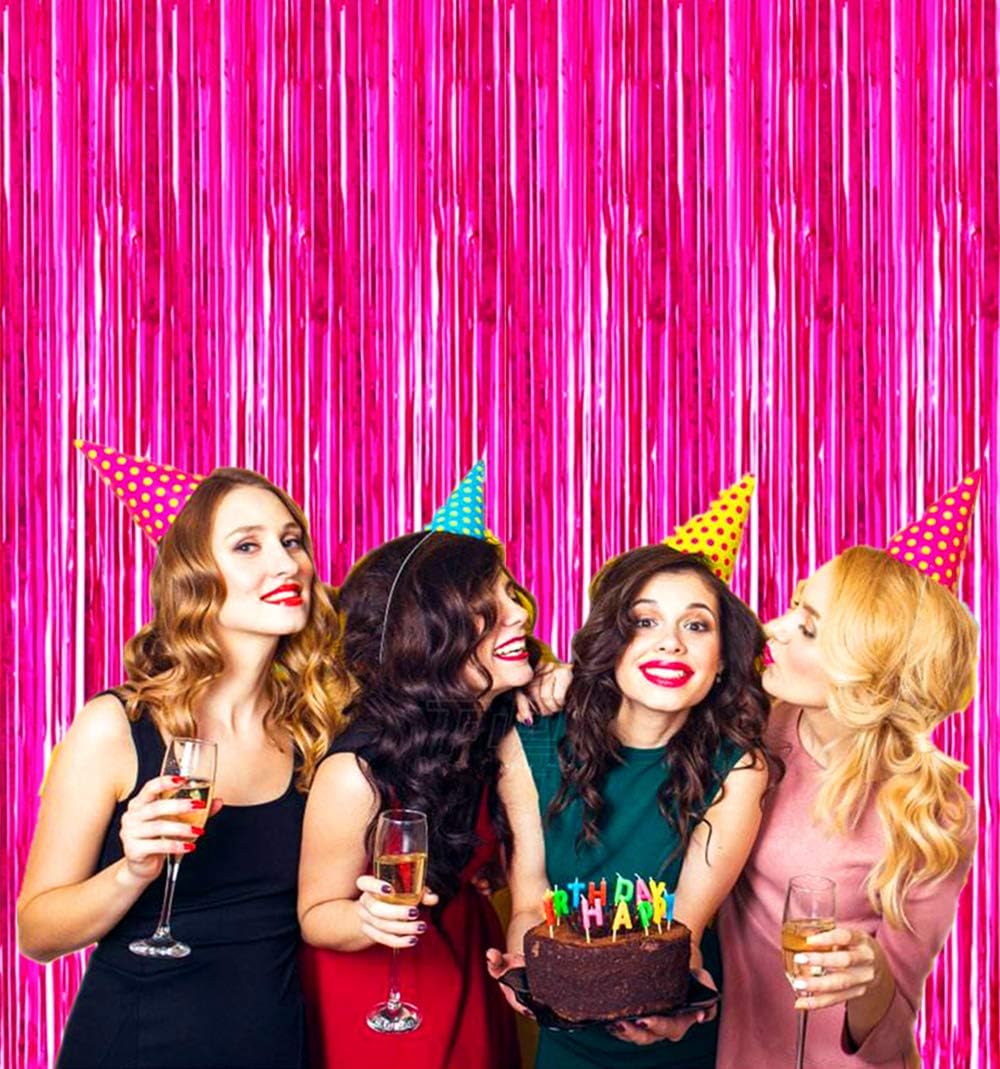 Skiennix Shiny Hot Pink Metallic Tinsel Foil Fringe Curtains - 3.2ft x 8.2ft Photo Booth Backdrop for Celebrations