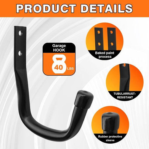 Heavy Duty Wall Garage Hooks - Steel Anti-Slip Utility Hangers for Ladders, Bikes & Tools | 10 Pack (Black)