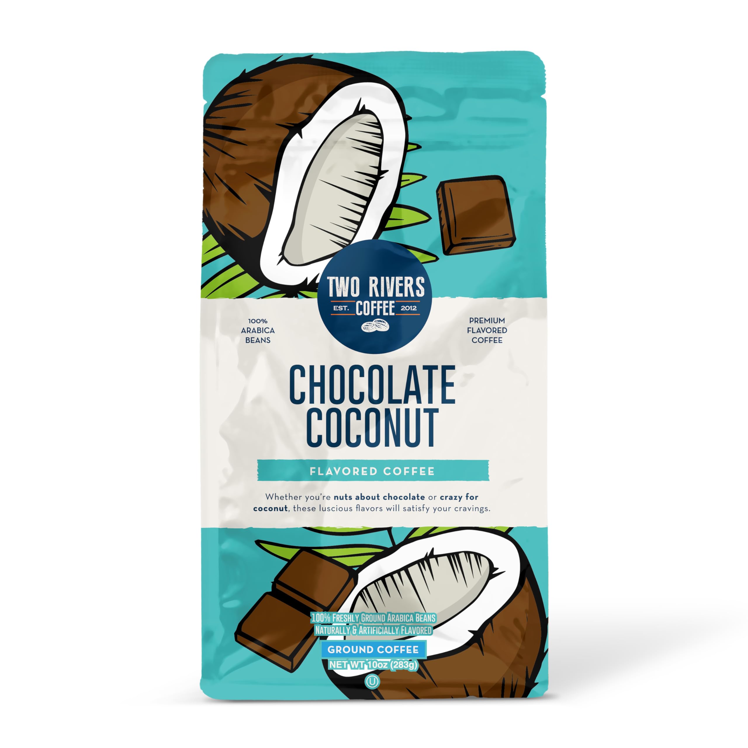 Two Rivers Coffee Chocolate Coconut Flavored Ground Coffee, Perfectly Balanced, Always Smooth, Made with 100% Arabica Beans - Flavor Enhanced, 10 Ounce Bag
