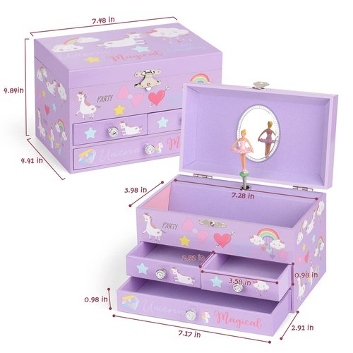 efubaby Musical Jewelry Box for Girls 3 Layer Music Box with Drawers Spinning Ballerina Unicorn Design Included Unicorn Jewelry Set Kids Birthday Christmas Gifts for Girls, Purple