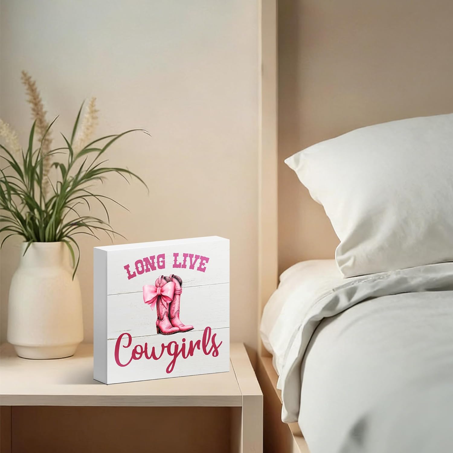Skiennix Pink Bow Western Cowgirl Decor - Charming Wooden Box Sign for Nursery & Teen Rooms | 5x5 Inches