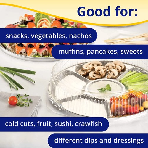 IDL Packaging 30 pc Aluminum Catering Set with 10 Lazy Suzan Trays, 10 Flat Trays and 10 Pans with Lids - Disposable Round Aluminum Foil Containers for Baking, Catering, Party Servings