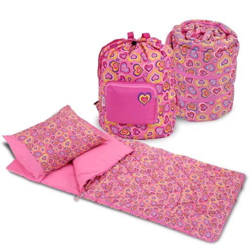 Emily Rose Playful Hearts Kids Sleeping Bag Set 3 Piece – Pink Hearts Slumber Sack, 100% Cotton Pillow Case & Backpack Carry Case – Ages 3-12 Nap Mat for Sleepovers Travel