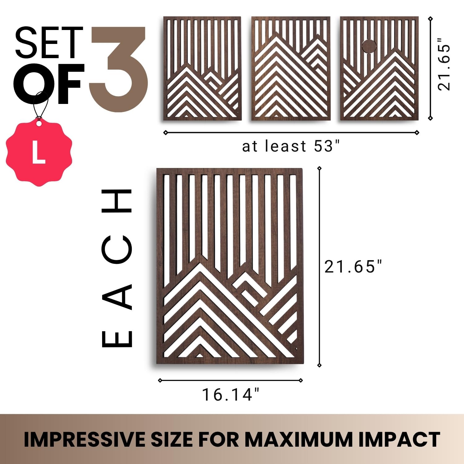 qmmp Modern Wooden Wall Sculptures - Set of 3 - Home Decor Accent - Large Wall Art for Living Room, Bedroom, Office - Easy Installation (Walnut, Large - Mountain and Sun, Unframed)