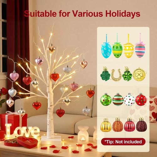 OLANRUN Valentines Day Decorations - 2 FT Birch Tree with 24 LED Warm Light 18 Heart Ornaments Set - Valentines Day Tree Decor for Home Office Bedroom Table Mantel Decor, USB or Battery Powered, White
