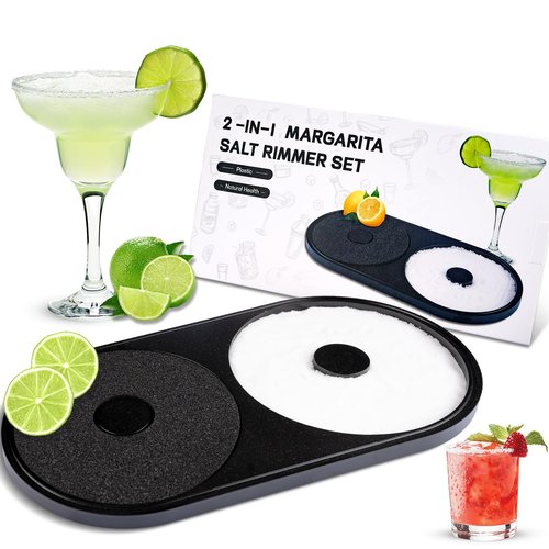 Margarita Salt Rimmer Set, 1 Pack Bar Salt and Sugar Rimmer with Sponge, 2-in-1 Bar Glass Cocktail Rim Set, Dishwasher Safe Black Barware Tools for Margarita Mojitos (Black)