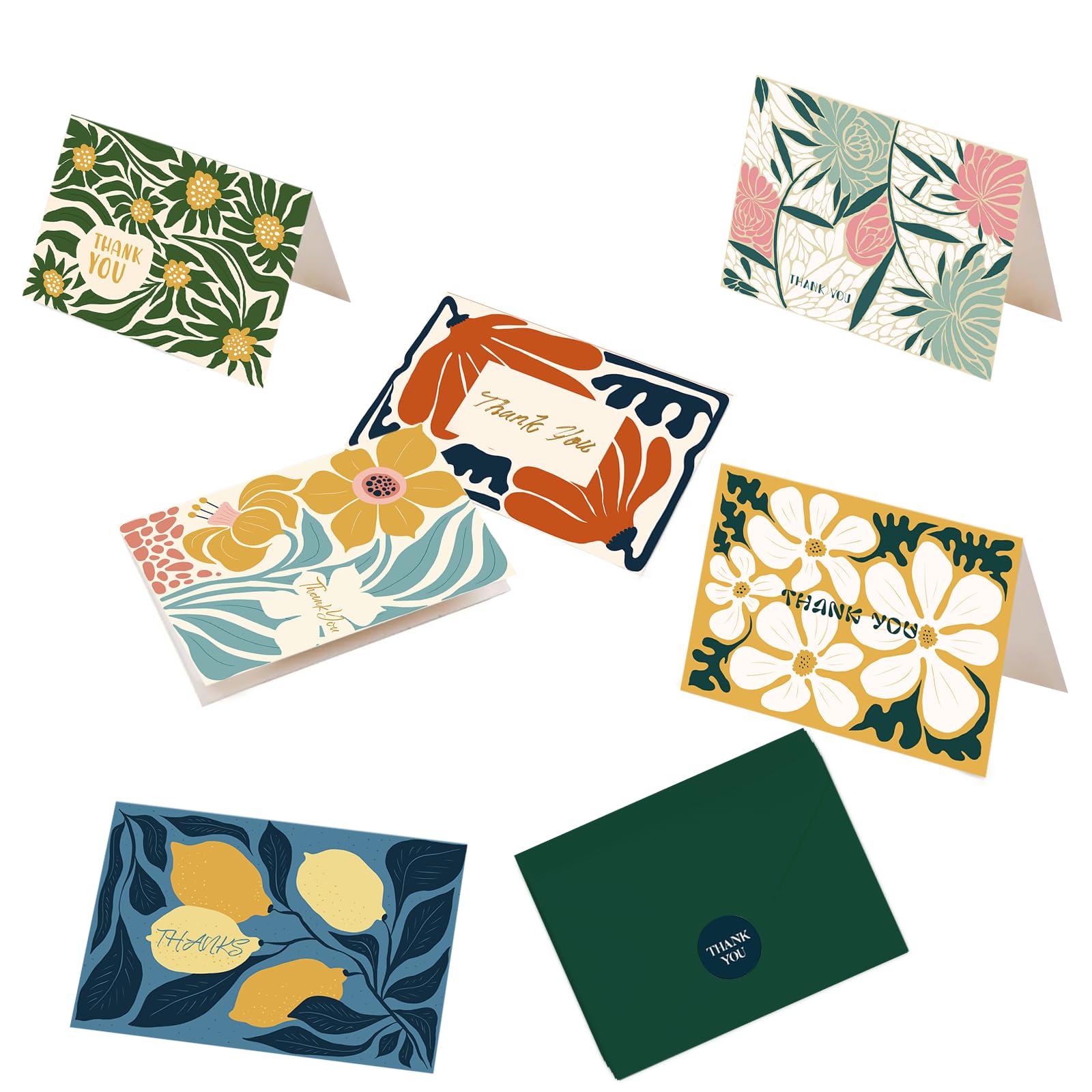 qiqee Color Contrast Flower Thank You Cards Greeting Gift Cards for Handwritten Messages 4x6 Inch 6 Design Birthday Thank You Notes (24pcs +24pcs Envelopes)