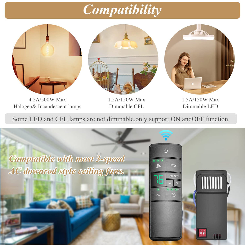 Universal Ceiling Fan Remote Control Kit Replacement for Hampton Bay Home Decorators Collection Hunter Harbor Breeze, 3-Speed Timer Light Dimmer Thermostatic Control, 2AAZPHD3/HD3 KUJCE10320/TR222A