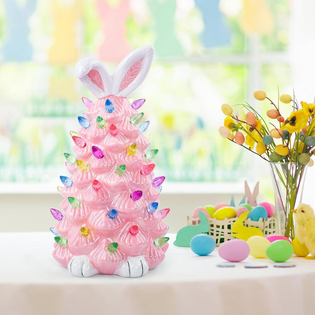 Skiennix Easter Bunny Decor - Glowing Ceramic Tree Night Light for Kids | Cute Indoor Tabletop Decoration (Pink)