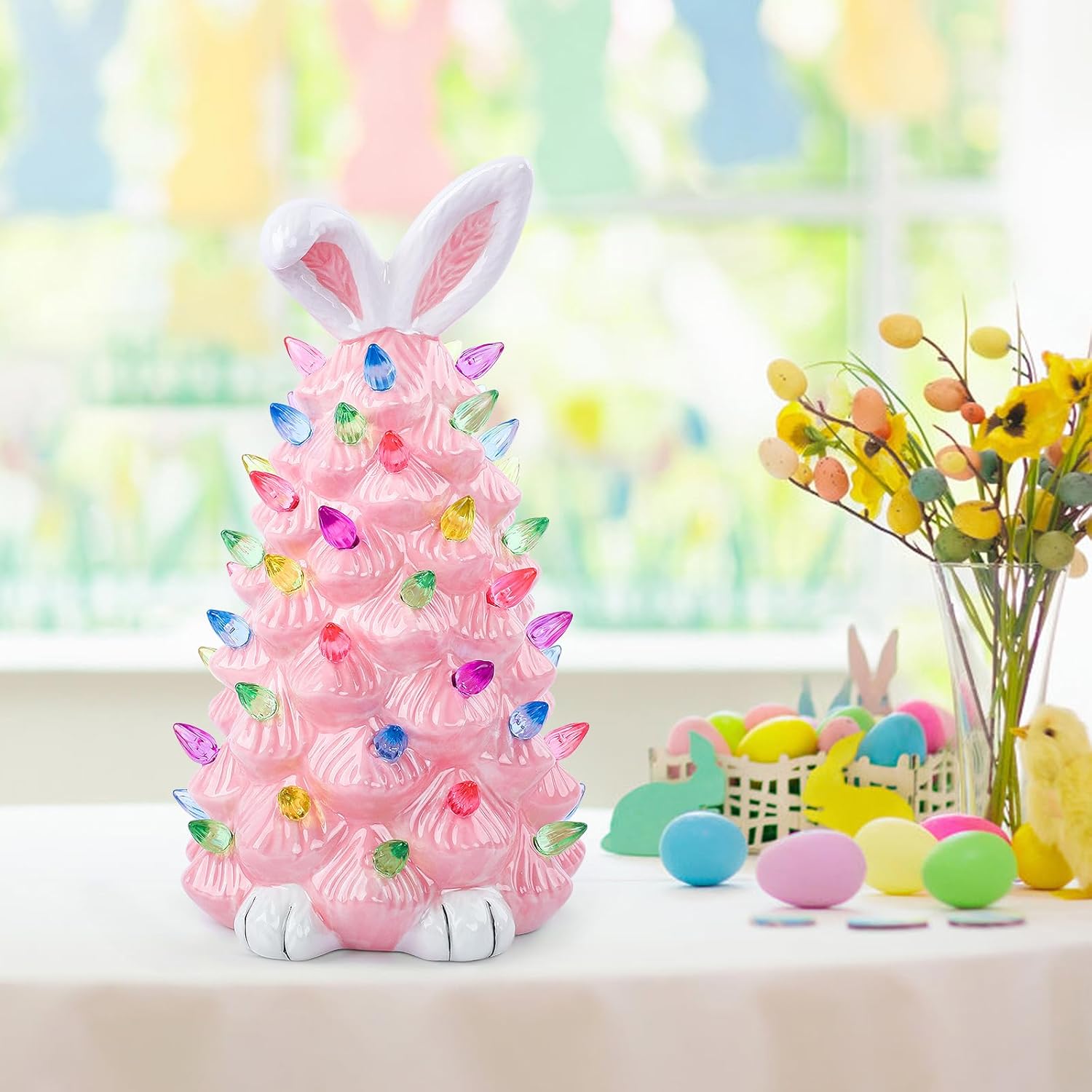 Skiennix Easter Bunny Decor - Glowing Ceramic Tree Night Light for Kids | Cute Indoor Tabletop Decoration (Pink)