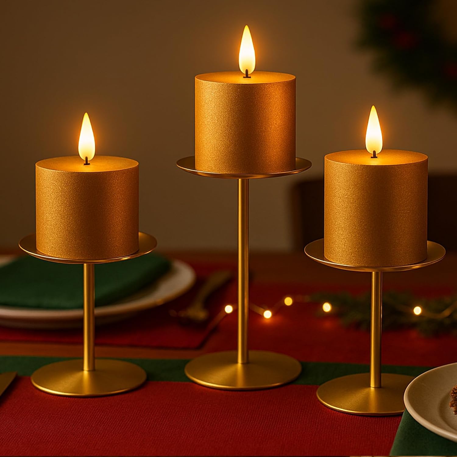 Smtyle Gold Metal Candle Holder Set - Elegant Pillar Candle Holders for Wedding Centerpieces | Set of 3