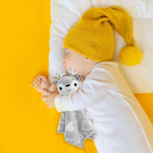 June Garden Cozy Dream Fleece Baby Security Blanket - Soft Plush Stuffed Deer Lovey | 15 x 15 Inches - Grey