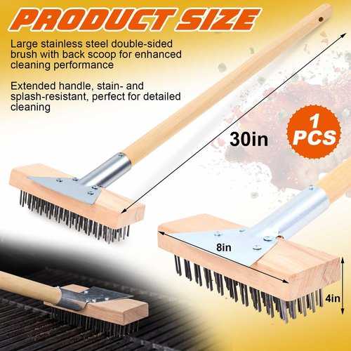 Kritkin 1 Pcs Stainless Steel Grill Brushes, Commercial Grill Scraper with 30'' Long Wooden Handle Oven Charbroiler Cleaning Brush for Outdoor Kitchens BBQ Restaurants