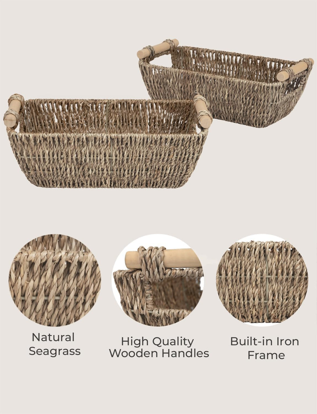 StorageWorks Small Seagrass Baskets - Woven Design with Wooden Handles | 2-Pack for Organizing Gifts