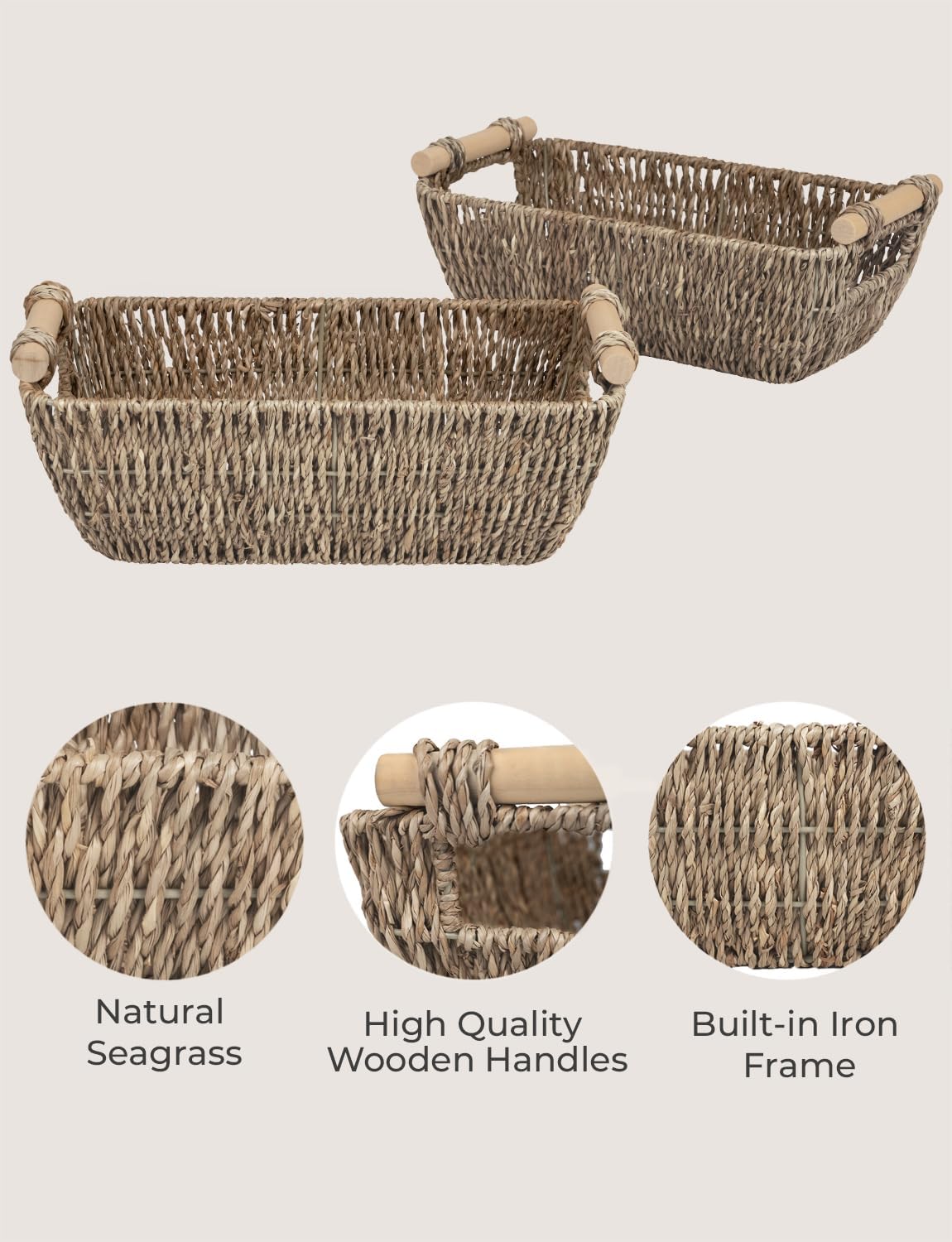 StorageWorks Small Seagrass Baskets - Woven Design with Wooden Handles | 2-Pack for Organizing Gifts