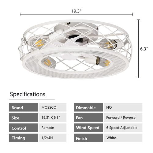 20 Inch White Low Profile Caged Ceiling Fan with Light and Remote, Flush Mount, Noiseless DC Motor, Reversible, 6 Speed with Timer, Rustic Bladeless Cage Design for Bedroom Kitchen Dining Room