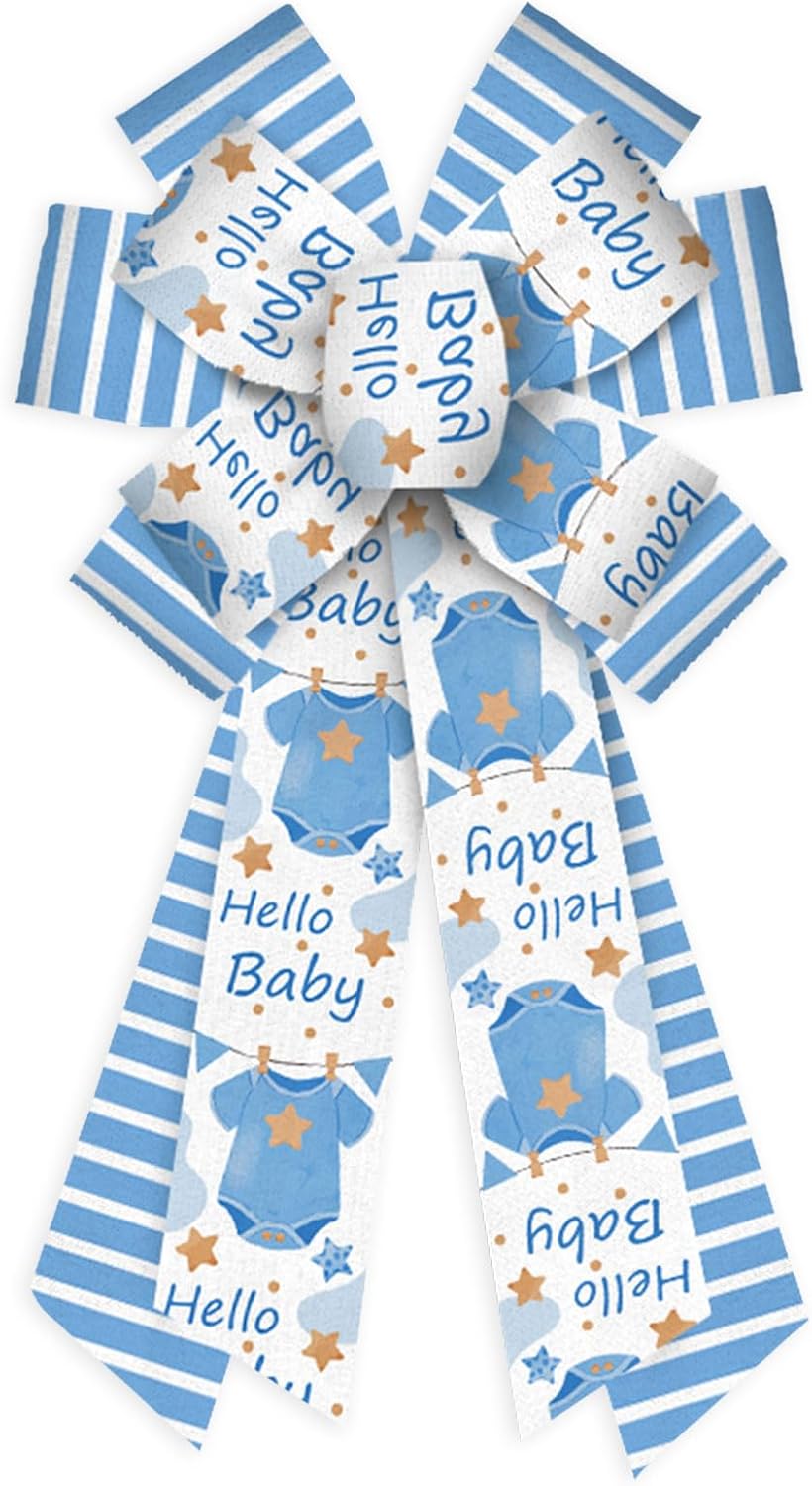 Threetols Baby Shower Wreath Bows - Blue & White Stripe Decorative Bows for Indoor/Outdoor Decor